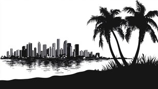 海滨城市轮廓与棕榈树景观