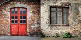 复古红门与斑驳墙面