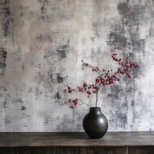 复古墙前黑瓶红果插花