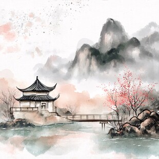 水墨江南山水亭阁图