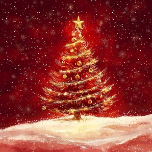 梦幻红底圣诞树雪景图