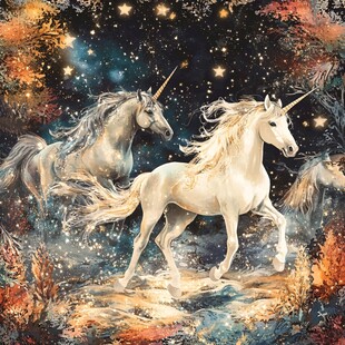 梦幻独角兽在星夜森林驰骋