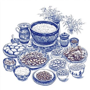 青花瓷绘中式美食与粮物