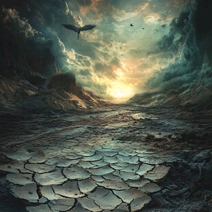 干裂大地与天际飞鸟景观