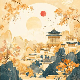 秋日古风山水楼阁图