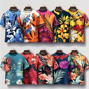 多彩花卉图案短袖T恤展示