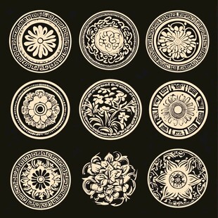 复古圆形花卉装饰图案集