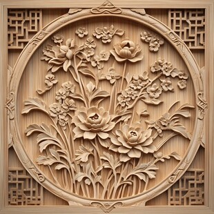 中式木雕花卉圆形装饰图案