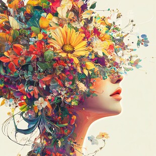 花簇盈头的梦幻女性形象