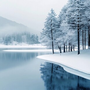 冬日静谧湖畔雪景