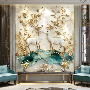 中式客厅立体金鹿背景墙