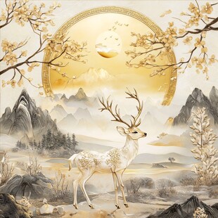 金韵仙鹿伴山水圆月图