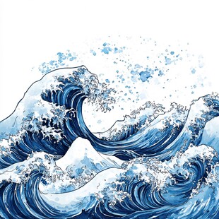 蓝色水彩风汹涌海浪图景