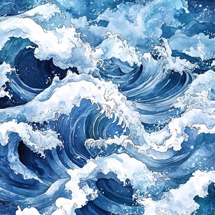 汹涌澎湃的蓝色海浪图景