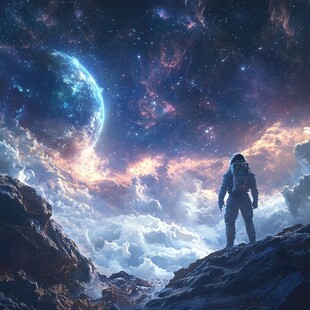 宇航员凝望梦幻星空奇景