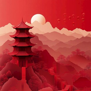 红日映塔 山川壮丽图景