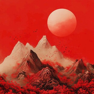 红日映山景 飞鸟伴霞辉