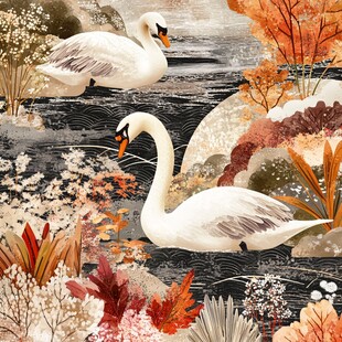 秋日湖畔双天鹅美景