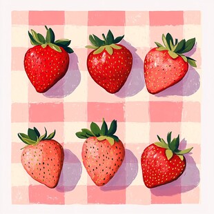 粉色格纹背景上的六颗草莓