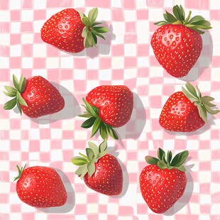 草莓散落在粉白格子背景上