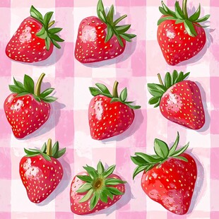 粉色格纹上的鲜美草莓