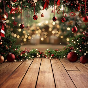 圣诞装饰下的温馨木质场景