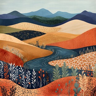 多彩原野间的蜿蜒河流