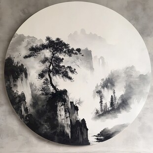 水墨山水圆画意境悠远