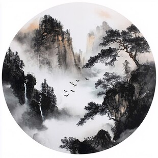 水墨山水间 飞鸟伴松影