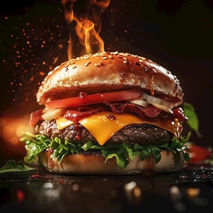 火焰中的美味多汁大汉堡