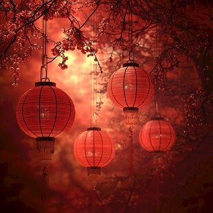 红灯笼挂于繁花树枝间