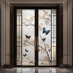 中式繁花蝴蝶双开玻璃门