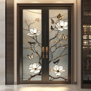 中式玉兰花蝴蝶双开玻璃门