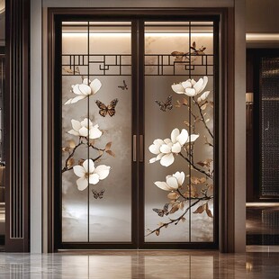中式玉兰花蝴蝶双开玻璃门