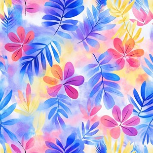 缤纷水彩花卉叶图案背景