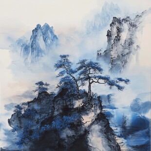 水墨山水间的孤松挺立