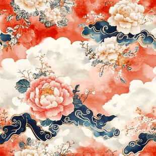 中式云间牡丹祥瑞图案