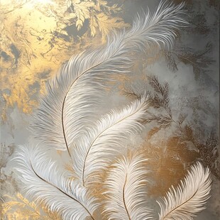 金色背景下的飘逸白羽毛