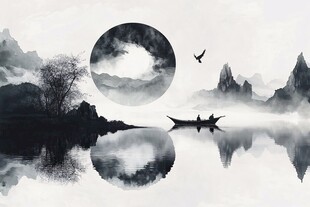 水墨山水间的孤舟月夜行