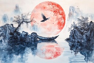 月下扁舟飞鸟水墨山水景