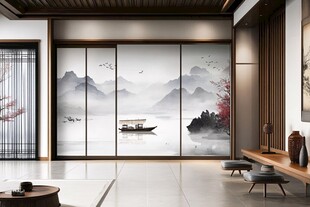 中式山水风客厅移门设计