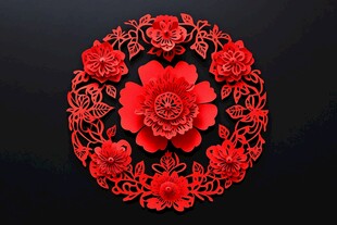 圆形红色立体剪纸花卉图案