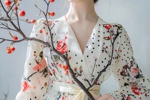 中式印花裙女子持红果枝