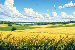 金色麦田田园风光插画