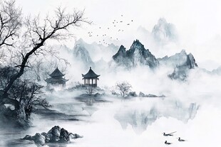水墨山水间的静谧亭阁