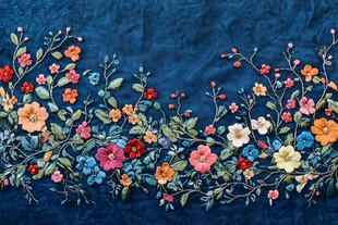 蓝色布面多彩花卉刺绣图案