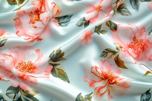 淡蓝底粉色花卉印花布料