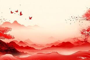 水墨红韵山水飞鸟图景