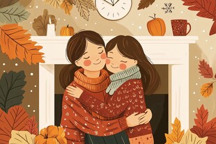 秋日壁炉旁的温馨姐妹相拥