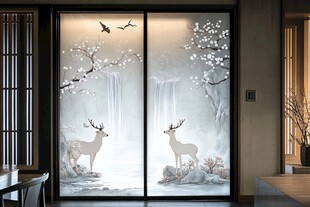 中式诗意鹿景玻璃隔断